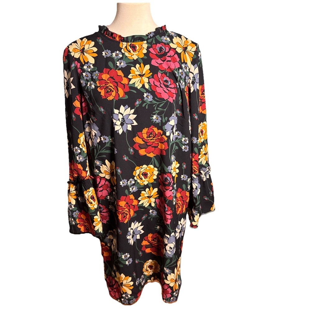 Fleur Bleue Dark Floral Midi Dress 12 long bell sleeves boho feminine fairy goth - Picture 1 of 8